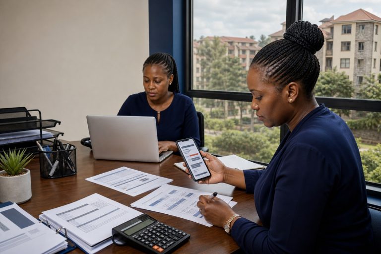 Kenyan estate accountant reconciling a partial service-charge payment with an invoice and statement