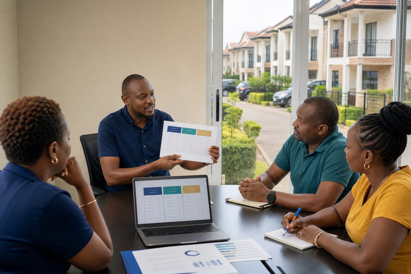 Kenyan estate treasurer presenting billed, paid and outstanding service-charge reports to a committee