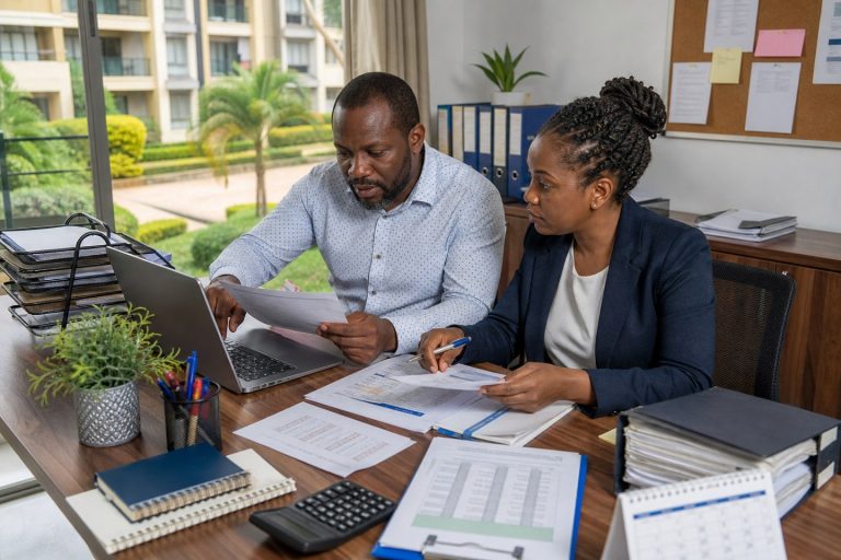 Kenyan estate treasurer and administrator planning a monthly service-charge cycle