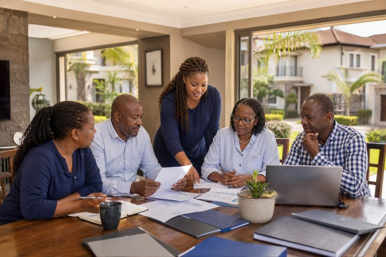 Kenyan gated-community committee reviewing service-charge statements in an estate meeting room