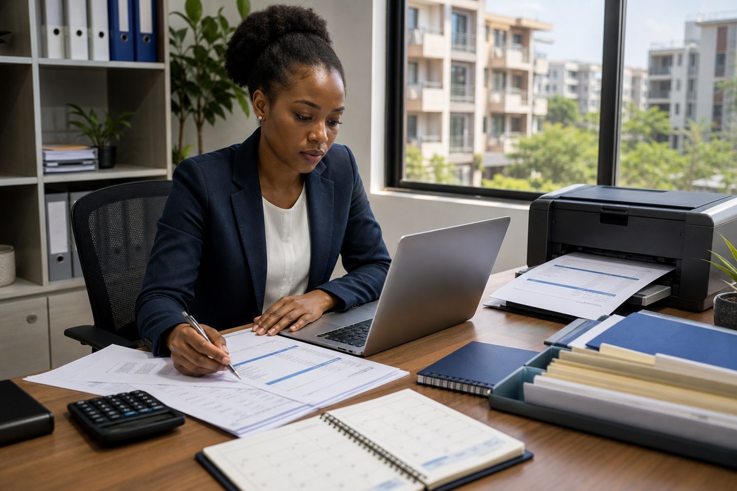 Kenyan estate finance officer preparing a checked batch of monthly service-charge invoices